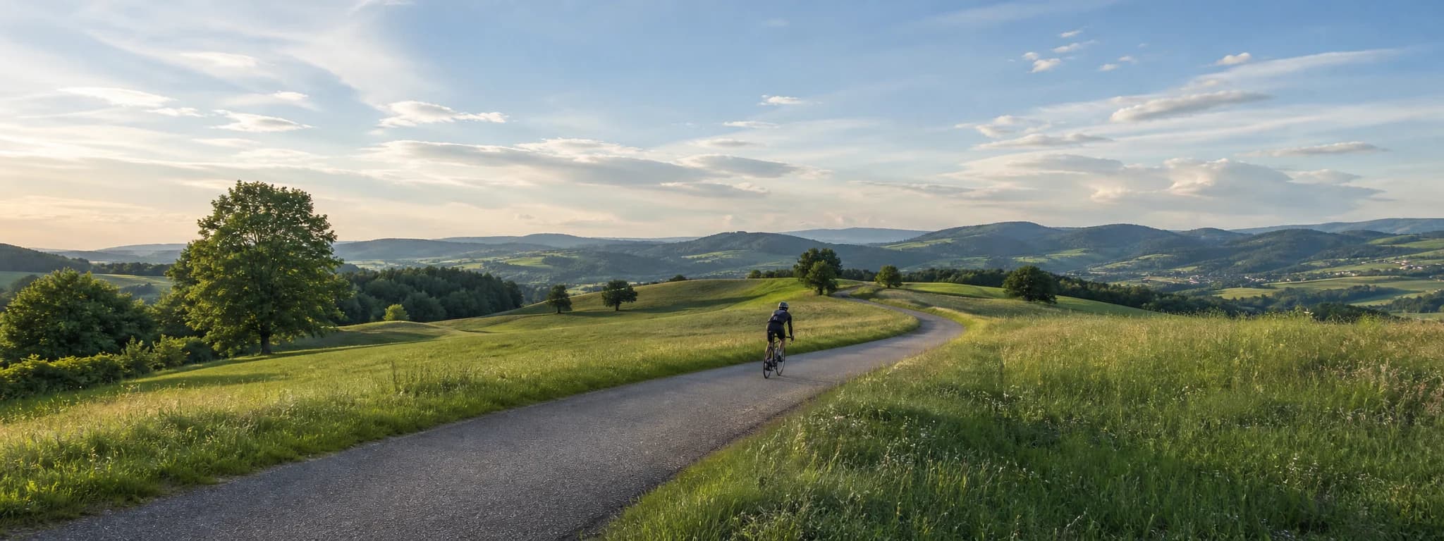 Een fietser volgt een slingerende weg door een groen heuvellandschap